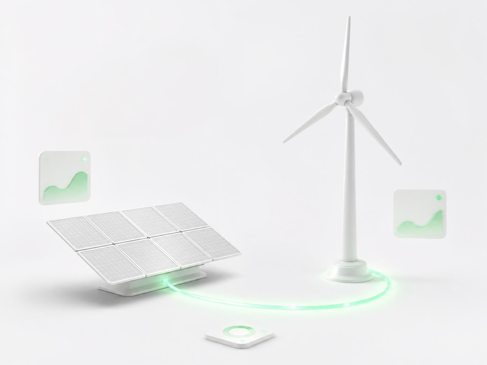 Solar array and wind turbine connected by a glowing energy link